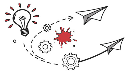 Hand-drawn Idea Launch: Gears, Lightbulb, Paper Airplanes, Creative Process