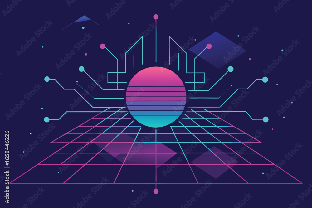 Poster layered circuit grid mesh in futuristic technology design