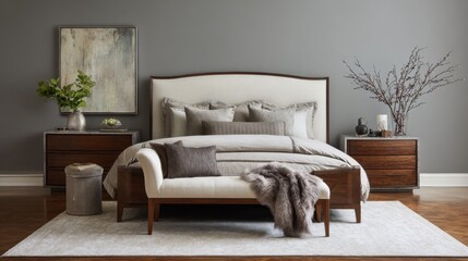 Modern elegant bedroom featuring neutral tones, minimalist decor, and stylish furniture for a serene atmosphere