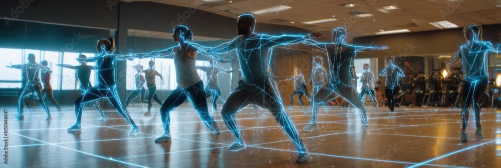Poster dynamic group of dancers performing synchronized movements in a bright studio with high-tech visual 