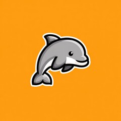 A cheerful, cartoonish dolphin illustration leaps against a vibrant orange background.