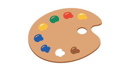 A wooden artist s palette with colorful paints on a white background