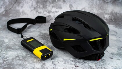 Naklejka premium Lightweight Performance: Modern Black and Yellow Cycling Helmet with Digital Scale