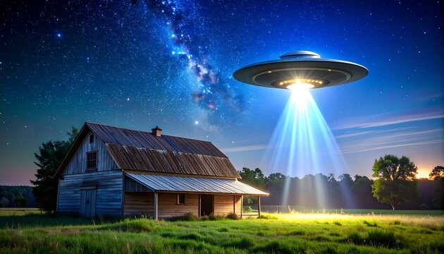 UFO over rural farmhouse night.