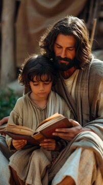 Religious scene from the movie Ben Hur with Jesus teaching children.