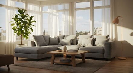 Cozy modern living room with sunlight and large windows