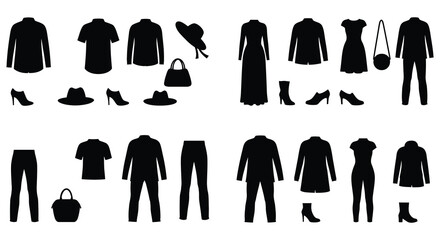 Fototapeta premium Collection of black silhouettes of clothing and accessories for men and women