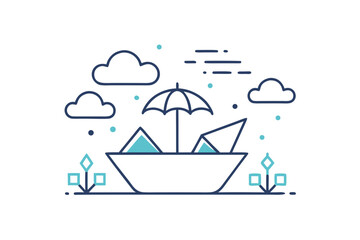 Fototapeta premium Paper boat floating on rainwater design with playful cute style