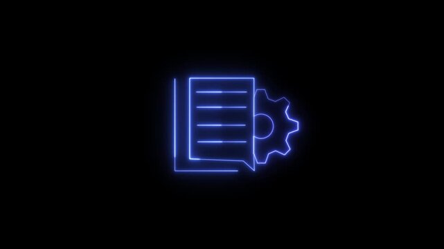 Animated neon blue color document gear icon. neon note book icon concept. Animated green neon illustration of a document with gear on black background