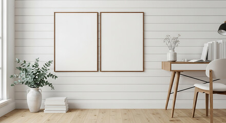 Poster Mockup in Two blank vertical wooden poster frames mockup hanging side-by-side on a white textured wall.,  3D render, 3D illustration