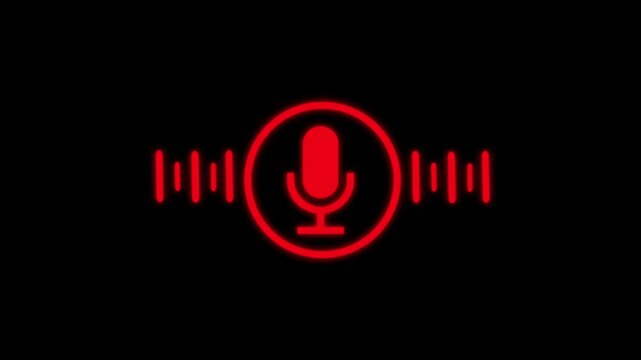 Red color voice recording and podcast mic microphone button icon animation. Podcast recording Audio Icon with Microphone and Wave Form of Sound or Music. on black background. 4k 