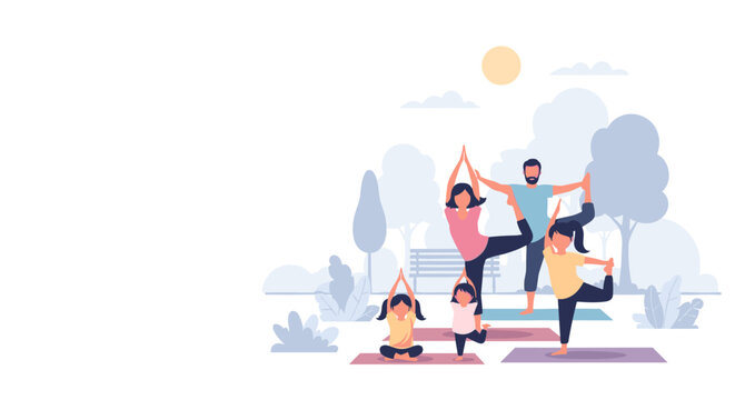 family yoga vector illustration park scene concept healthy lifestyle flat design - Powered by Adobe