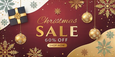 A Christmas sale offering 60 off. Elegant gold ornaments and snowflakes adorn a deep red backdrop, creating a festive holiday atmosphere. Shop now