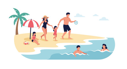 Family Beach Vacation Vector Illustration. Happy People on Holiday Trip. Seaside Summer Fun Concept.