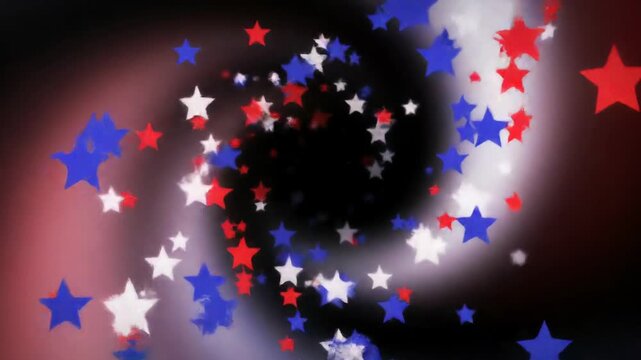Dynamic patriotic stars in red, white, and blue swirl creating a festive celebratory atmosphere for national holidays