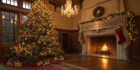 A cozy holiday scene featuring a decorated Christmas tree, gifts, and a glowing fireplace in an elegant room. A festive and inviting atmosphere.