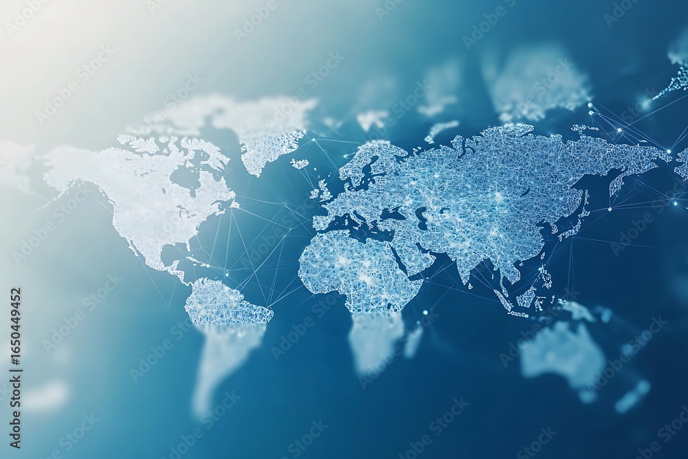 Poster a digital world map with global network connections, various business and corporate branded images a