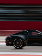 Obraz premium Dynamic shot of a sleek black sports car racing on a track, showcasing speed, motion, and a blurred background for a thrilling effect.