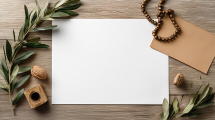 Blank card with rosary beads, olive leaves, ink, and envelope on rustic wooden table for Festa della Madonna de Pancole religious celebration design