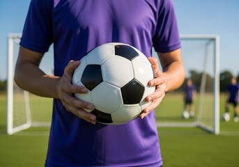 Soccer player holding ball on field with teammates and goals, outdoor sports training concept
