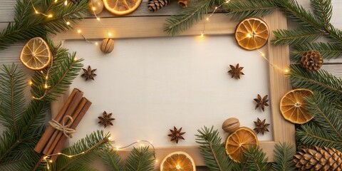 A festive blank frame surrounded by evergreens, dried oranges, cinnamon, and twinkling lights creates a warm Christmas canvas. Perfect for holiday greetings.