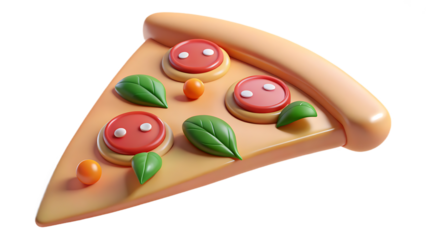Cartoon Pizza Slice with Pepperoni and Basil Leaves a Fun and Playful Illustration for Food Lovers and Pizza Enthusiasts Isolated on Black Background