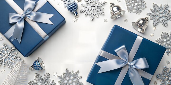 A festive arrangement of blue gifts and silver snowflakes evokes a sense of winter wonder. Gifts are neatly wrapped, creating a holiday ambiance. - Powered by Adobe