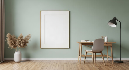 Poster Mockup in Empty Framed Artwork Hanging on a Pale Green Wall Above a Desk.,  3D render, 3D illustration