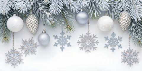 A festive winter scene of silver Christmas ornaments, pine cones, and sparkling snowflakes against frosted branches, creating a bright, holiday background.
