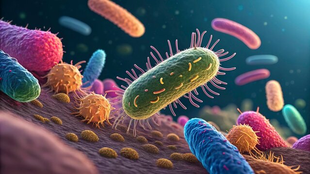 Closeup colorful image of gut bacteria culture under microscope, concept of microbiology and gut health.