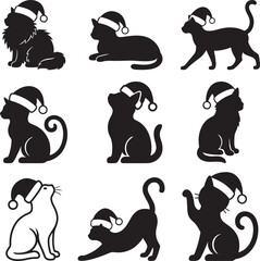 Cat in Santa hat set in flat black silhouette vector illustration bundle for christmas holiday design
