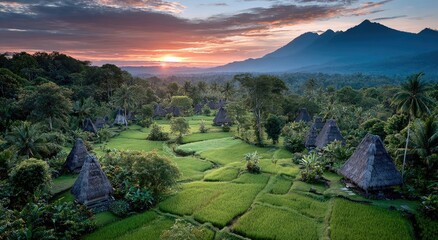 Sunrise over a vibrant Indonesian village nestled in lush valleys, surrounded by rice paddies and conical huts