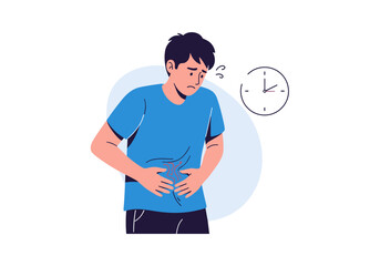 Young man clutching stomach in pain with clock symbol showing time and urgent medical condition