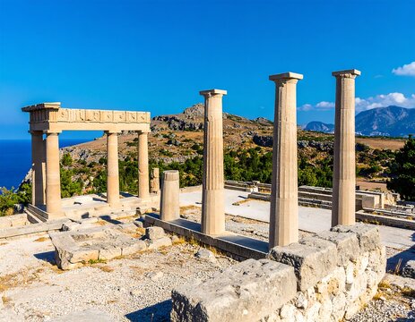 Ancient stone ruins overlooking a clear blue sea under a bright sky