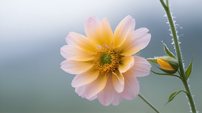 A fragile thread weaves together the delicate petals of a wilting flower, exposed to the harsh elements, symbolizing vulnerability and weakness.