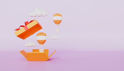 Opened gift box with colorful hot air balloon and cloud floating, Summer time concept