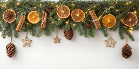 Christmas garland with warm lights, dried fruit, and pinecones evokes holiday cheer. A perfect festive backdrop for winter celebration with natural light
