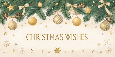 Christmas Wishes conveyed through festive ornaments, stars, bows, and pine on a banner conveying seasonal warmth and holiday magic.
