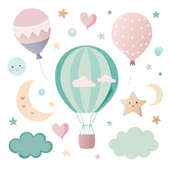 Cute Hot Air Balloon and Moon Design in Pastel Colors