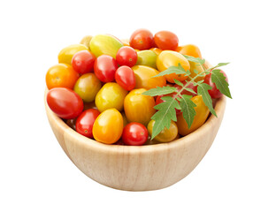 Fresh Cherry tomato, Various colorful tomatoes in a wooden bowl isolated on white background, with clipping path 
