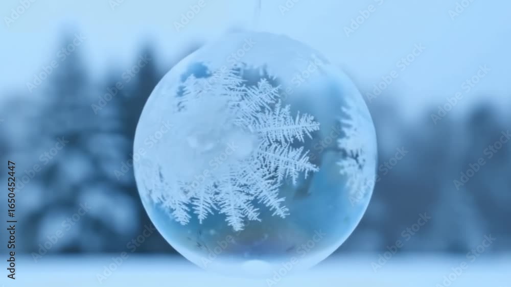 Aufkleber a frosted bubble adorned with snowflake patterns hangs against a blurred wintry forest backdrop