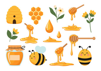 Sweet golden honey collection with adorable bees and blooming flowers