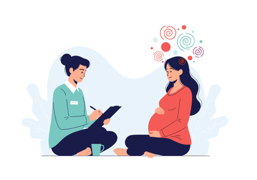 Pregnant woman discusses mental health concerns with a therapist during a counseling session