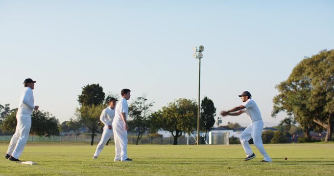 Batsman hitting ball, diverse male cricketers diving securing catch, cheering near stumps at park