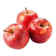 Three vibrant red apples, slightly overlapping, set against a black background.  Each apple displays a glossy, reddish-pink skin with visible, fine, red stripes.  A stem is visible on each apple