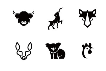 Animal Icons Set: Buffalo, Goat, Rhino, Fox, Koala, Rooster