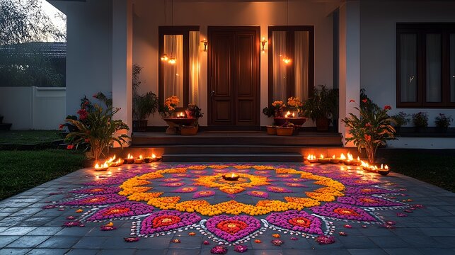Festive home entrance adorned with a vibrant rangoli and diyas, creating a warm Holiday Background. Columns and potted plants enhance the inviting, celebratory atmosphere.