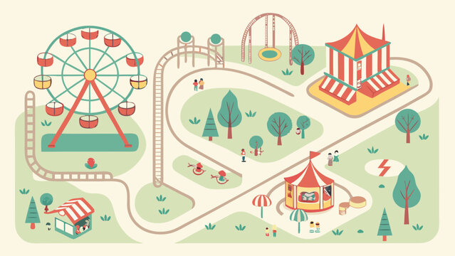 Charming Retro Amusement Park Map Illustration: Flat Design, Pastel Colors, Happy Mood