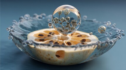 A hyperrealistic water droplet with molecular structure emerging from fruit.
