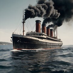 A massive vintage steamship from the 1900s cruising the open sea, smokestacks releasing dark smoke,Generative Ai
